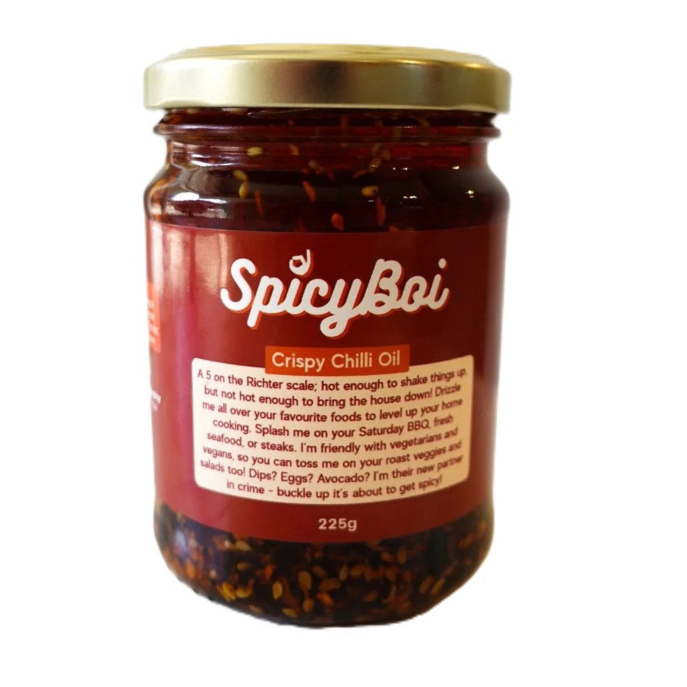 Jar of SpicyBoi Crispy Chilli Oil with a gold lid on a white background
